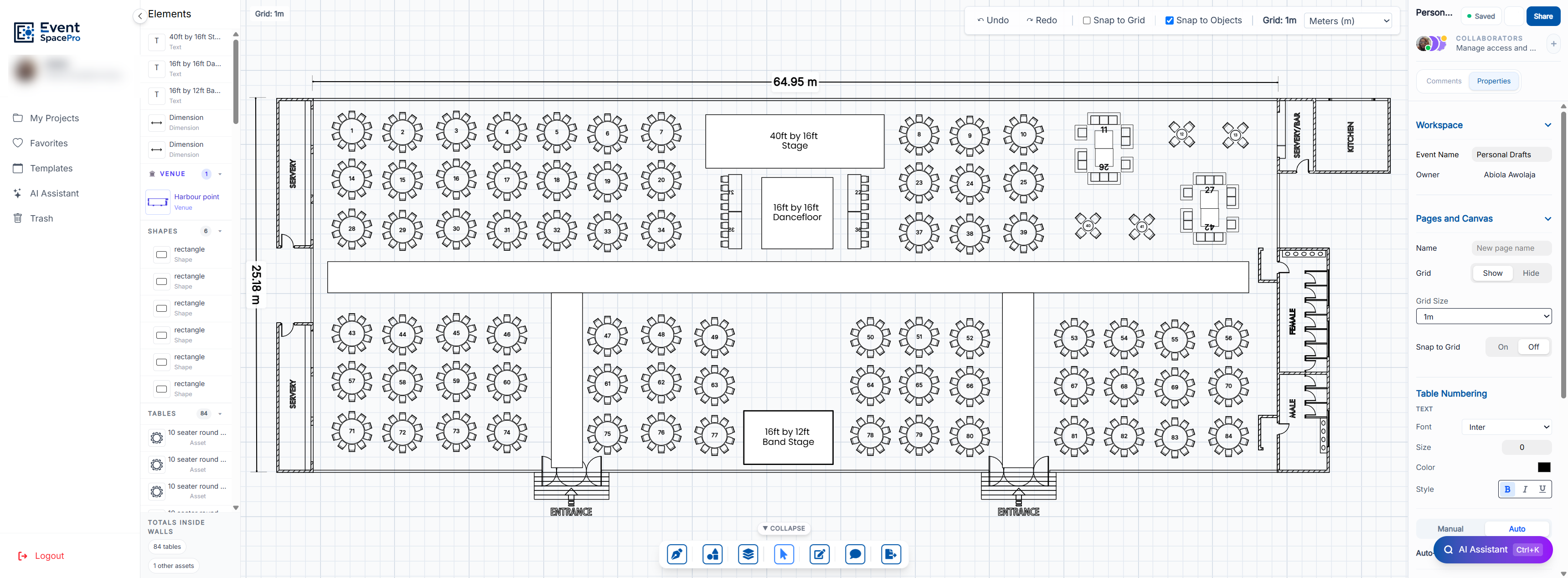 The EventSpacePro 2D editor: an 84-table banquet layout in a 64.95 × 25.18 m hall, with the elements panel, venue assets, and properties sidebar